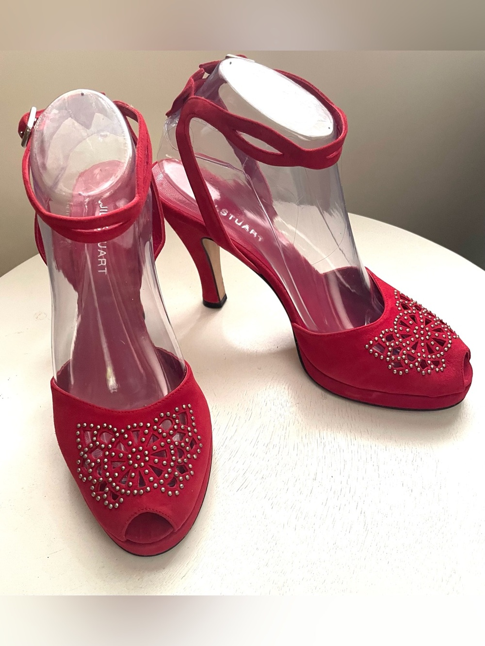 NEW JILL STUART ANTHROPOLOGIE RED SUEDE STUDDED PLATFORM PEEP-TOE HEELS 9 9.5
